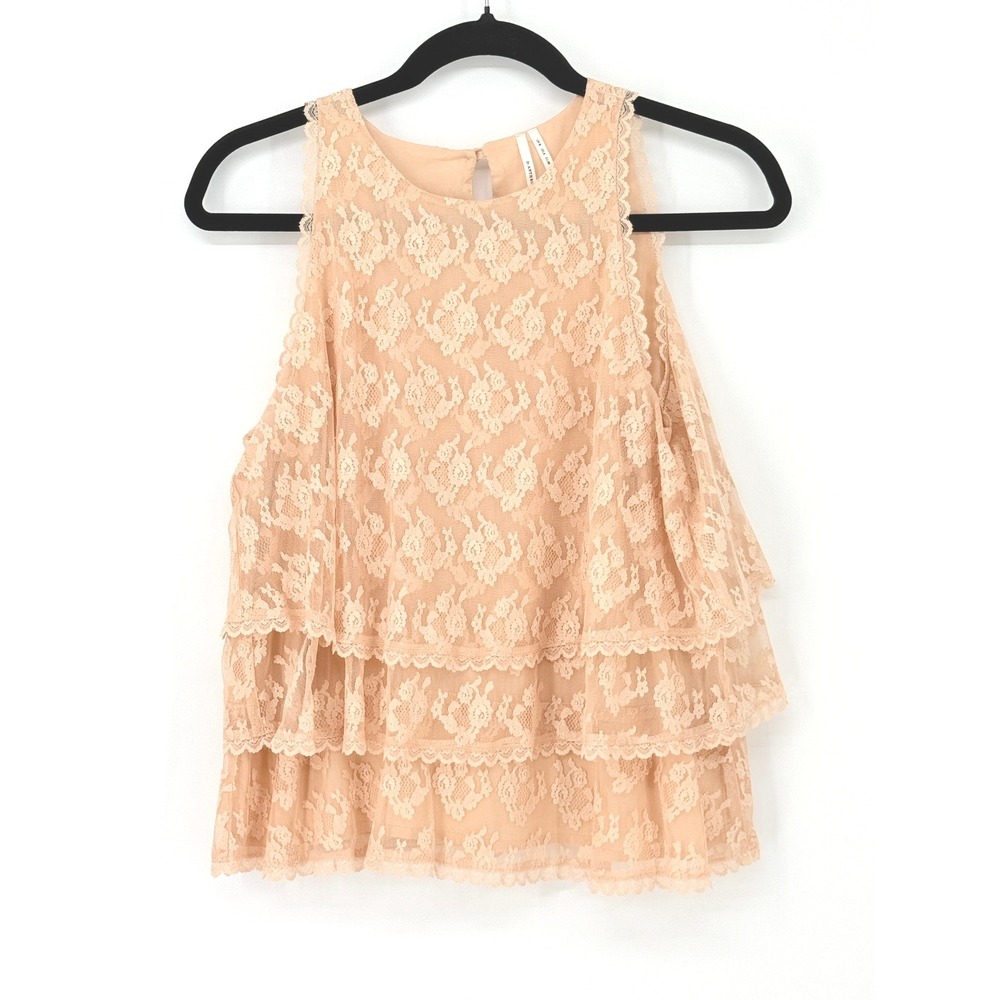 Anthropologie Fairy Y2K Floral Ruffle Lace Tiered Peach Sleeveless Top 4 High Nk